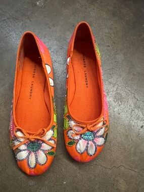 Chinese Laundry Orange Floral Embroidered Ballet Flats